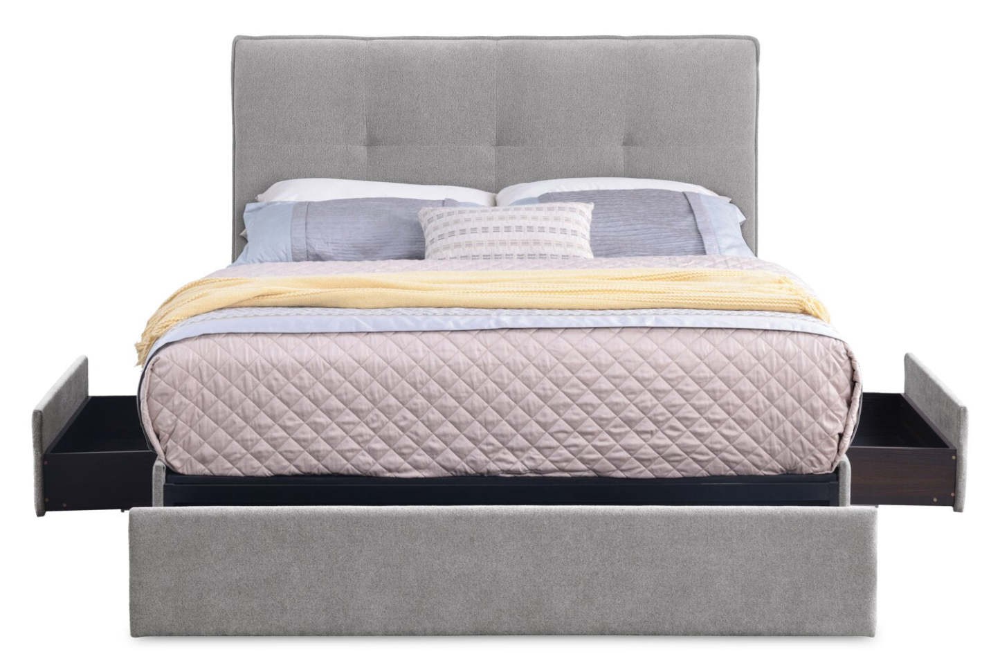 Sommier de lit rembourré avec rangement Amos en tissu gris avec 3 tiroirs intégrés - Pleine grandeur | Base de lit de rangement Amos rembourrée en tissu gris avec 3 tiroirs intégrés - format lit double