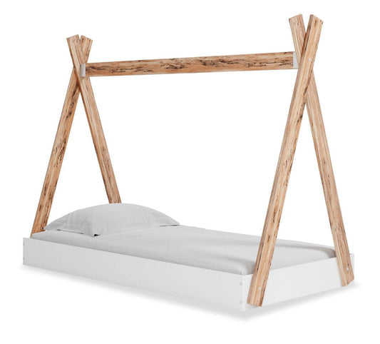 Lit de tente plateforme Wolf pour enfants, bicolore blanc et naturel - taille double | Lit Wolf plateforme en forme de tente pour enfants, deux teintes, blanc et naturel - format lit simple