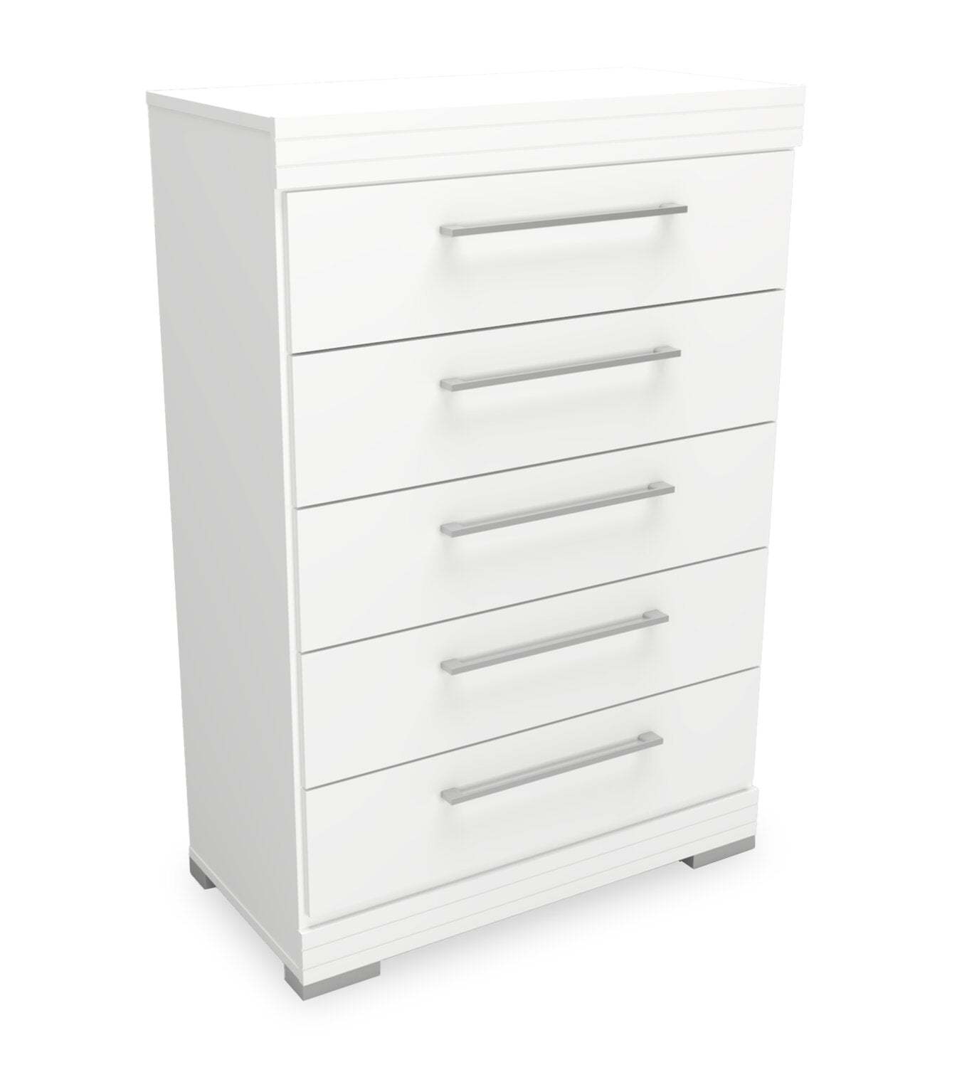 Commode de chambre à coucher Riley, 5 tiroirs, 31 l x 46 h, fabriquée au Canada - Blanc | Commode verticale de chambre à coucher Riley de 31 po (L) x 46 po (H) à 5 tiroirs, fabriquée au Canada - blanche