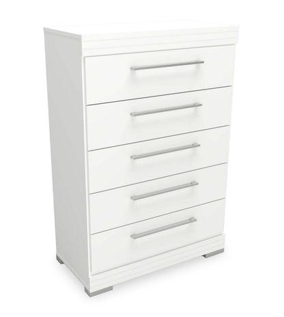 Commode de chambre à coucher Riley, 5 tiroirs, 31 l x 46 h, fabriquée au Canada - Blanc | Commode verticale de chambre à coucher Riley de 31 po (L) x 46 po (H) à 5 tiroirs, fabriquée au Canada - blanche