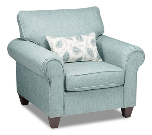Fauteuil Scarlett de 41,5 po fabriqué au Canada en tissu de chenille avec accoudoirs enroulés et coussin décoratif - bleu marine