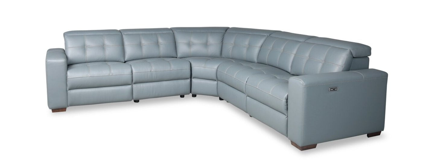 Sofa sectionnel à inclinaison électrique Geneva 3 pièces en cuir véritable avec appuie-têtes électriques et port USB - bleu piscine