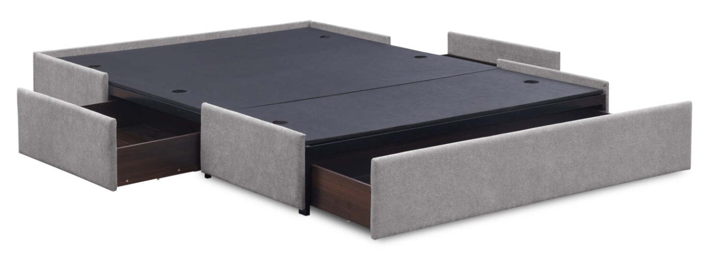 Lit de rangement Amos rembourré en tissu gris avec tête de lit capitonnée et 3 tiroirs intégrés - format grand lit