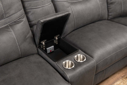 Sofa sectionnel à inclinaison électrique Floy 5 pièces en suédine avec appuie-têtes électriques, console de rangement et port USB - gris