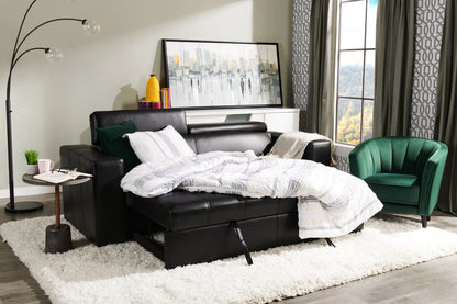 Sofa-lit Drake de 87 po en tissu d’apparence cuir avec lit rétractable, appuie-têtes relevables et capitonnage à boutons - noir