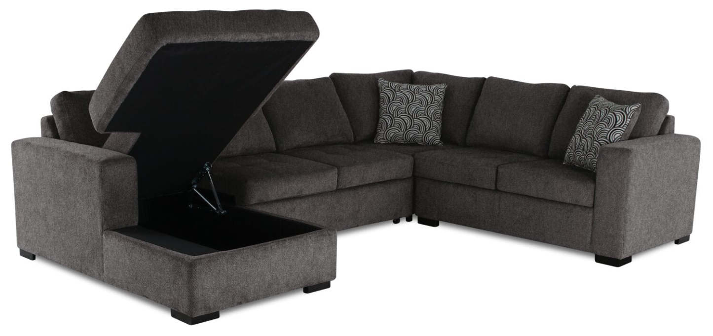 Made in Canada Legend 4-Piece Left-Facing Chenille Fabric Sleeper Sectional with Storage Chaise - Pewter Brown | Canapé-lit sectionnel de gauche Legend 4 pièces fabriqué au Canada en tissu de chenille avec chaise longue de rangement - brun étain