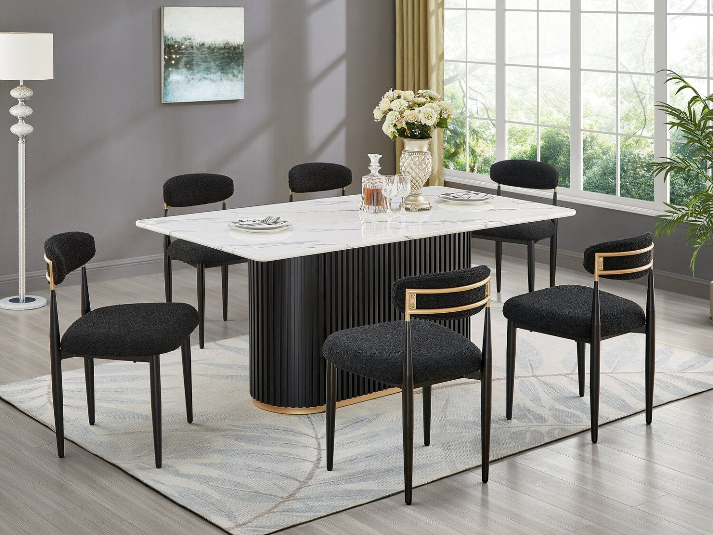 Kort & Co. Capri Dining Table with Marble-Look Top & Gold Accent, Pedestal Base, 72W - Black/White | Table de salle à manger Capri de Kort & Co. de 72 po (L) avec dessus en imitation de marbre, touches dorées et base piédestal - noire et blanche