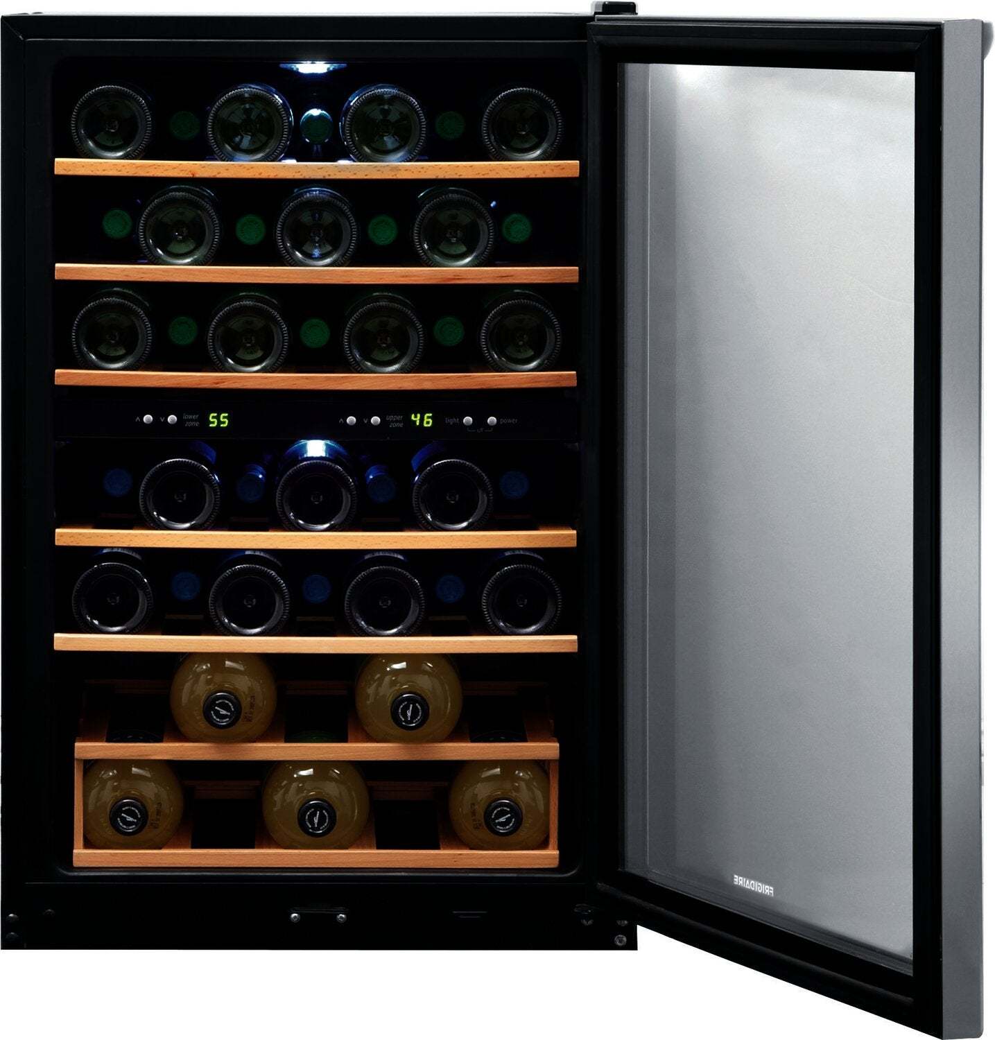 Frigidaire 21,5 4,4 Cu. Fort. Réfrigérateur à vin à deux zones de 45 bouteilles - Acier inoxydable - FRWW454… | Réfrigérateur Frigidaire de 4,4 pi³ et de 21,5 po avec refroidisseur à vin à 2 zones à 45 bouteilles…