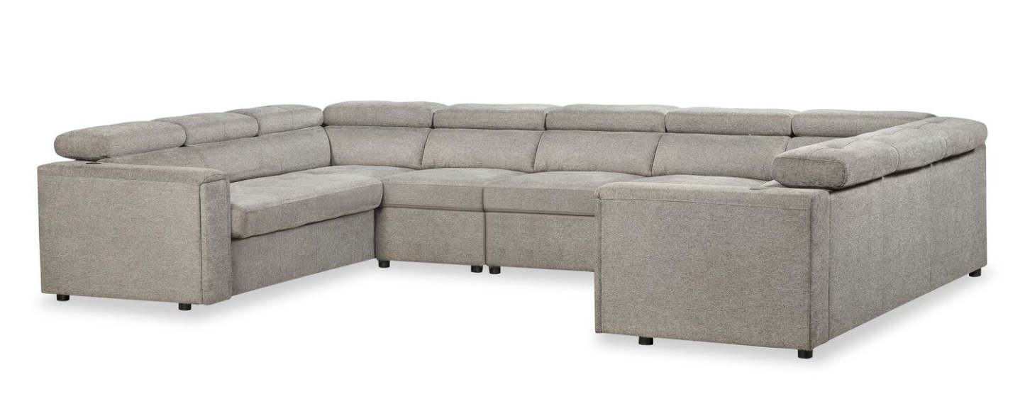 Sofa sectionnel Savvy 5 pièces en tissu d’apparence lin avec appuie-têtes réglables, porte-gobelets et port USB - gris