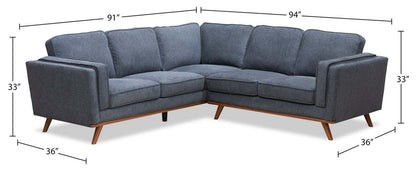 Canapé sectionnel Kassia de Kort &amp; Co. 2 pièces en tissu d'apparence lin avec base et pattes en bois - bleu