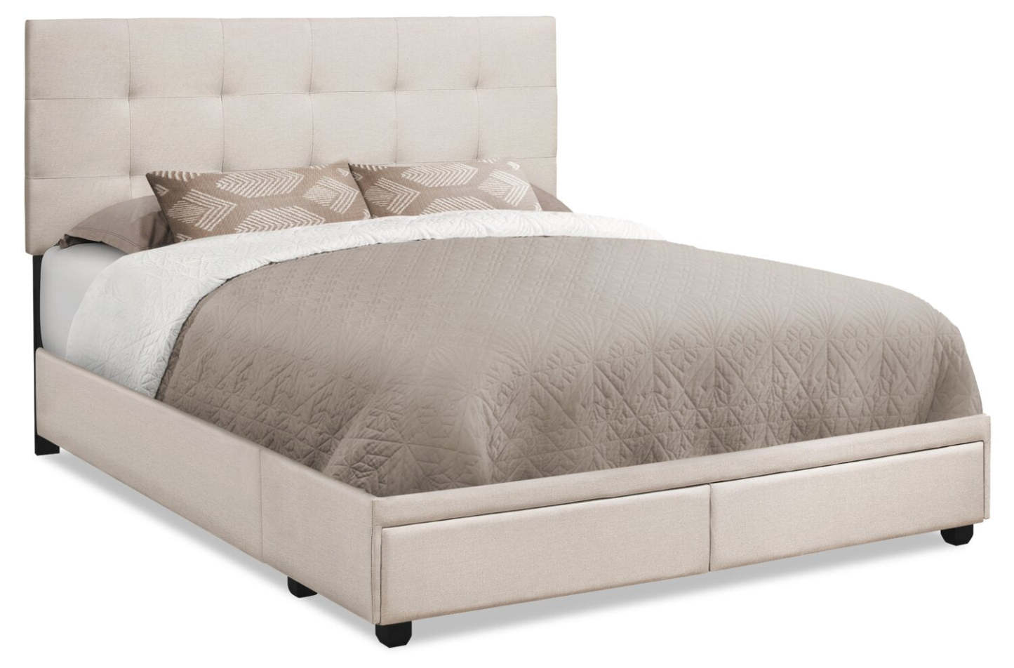 Lit plateforme de rangement rembourré Minka en tissu beige, capitonné - Queen Size | Lit plateforme rembourré Minka en tissu beige capitonné avec rangement - format grand lit