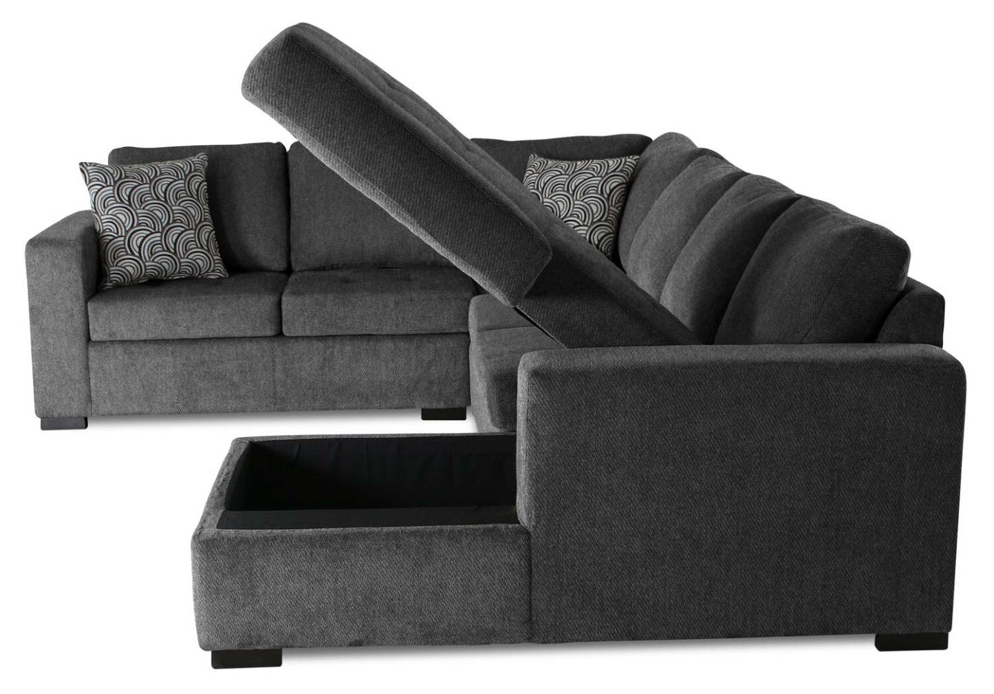 Made in Canada Legend 4-Piece Right-Facing Chenille Fabric Sleeper Sectional with Storage Chaise - Pepper Grey | Canapé-lit sectionnel de droite Legend 4 pièces fabriqué au Canada en tissu de chenille avec chaise longue de rangement - gris poivre