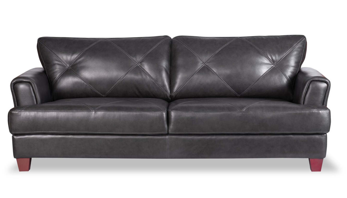 Chateau d'Ax Vita 87 canapé en cuir 100 % véritable avec coutures à motif de diamant et pattes en bois - gris anthracite | Canapé Vita de Château d'Ax de 87 po en cuir 100 % véritable avec coutures à motif de diamant et pattes en bois - gris anthracite