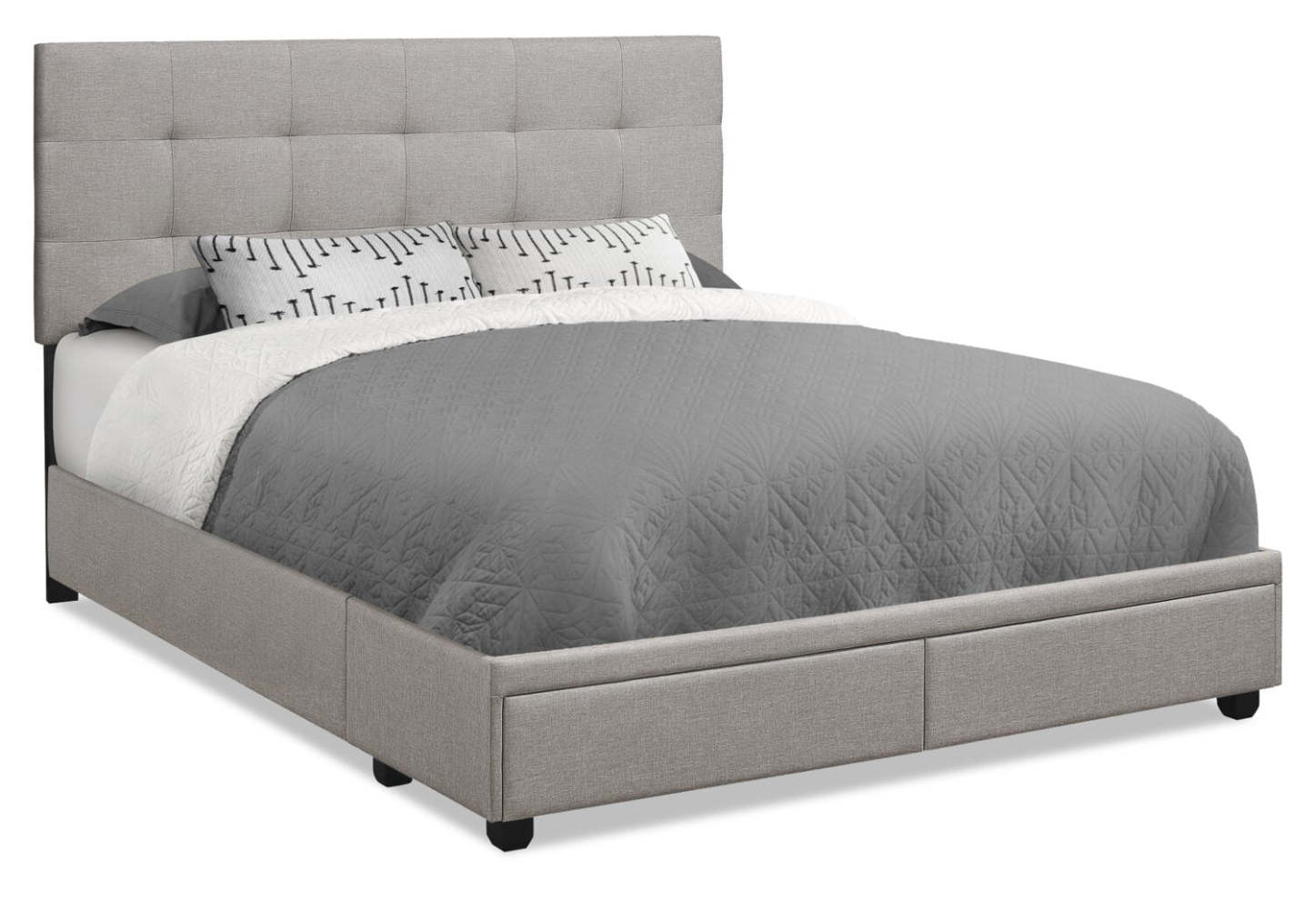 Lit plateforme de rangement rembourré Minka en tissu gris, capitonné - Queen Size | Lit plateforme rembourré Minka en tissu gris capitonné avec rangement - format grand lit