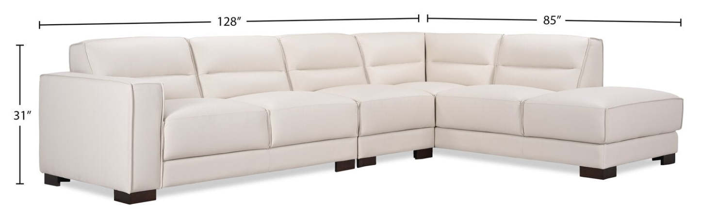 Sectionnel Citadel 3 pièces en cuir véritable de première qualité, face à droite, avec pieds en bois - Blanc givré | Canapé sectionnel droit Citadel 3 pièces en cuir de qualité supérieure avec pieds en bois véritable - blanc givré