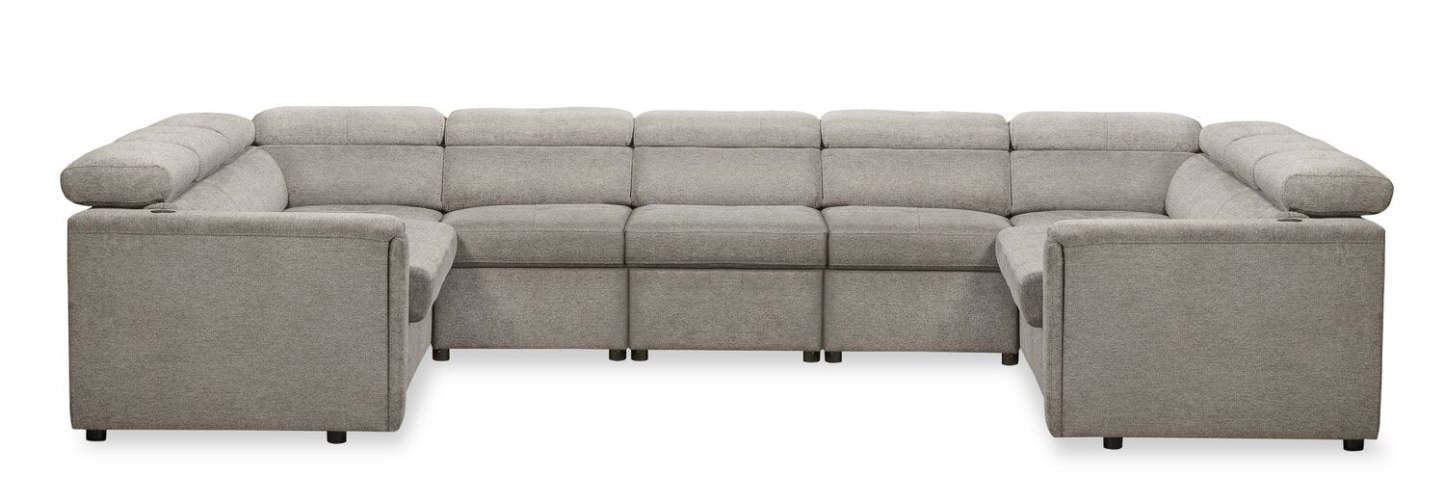 Sofa sectionnel Savvy 5 pièces en tissu d’apparence lin avec appuie-têtes réglables, porte-gobelets et port USB - gris