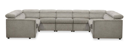 Sofa sectionnel Savvy 5 pièces en tissu d’apparence lin avec appuie-têtes réglables, porte-gobelets et port USB - gris