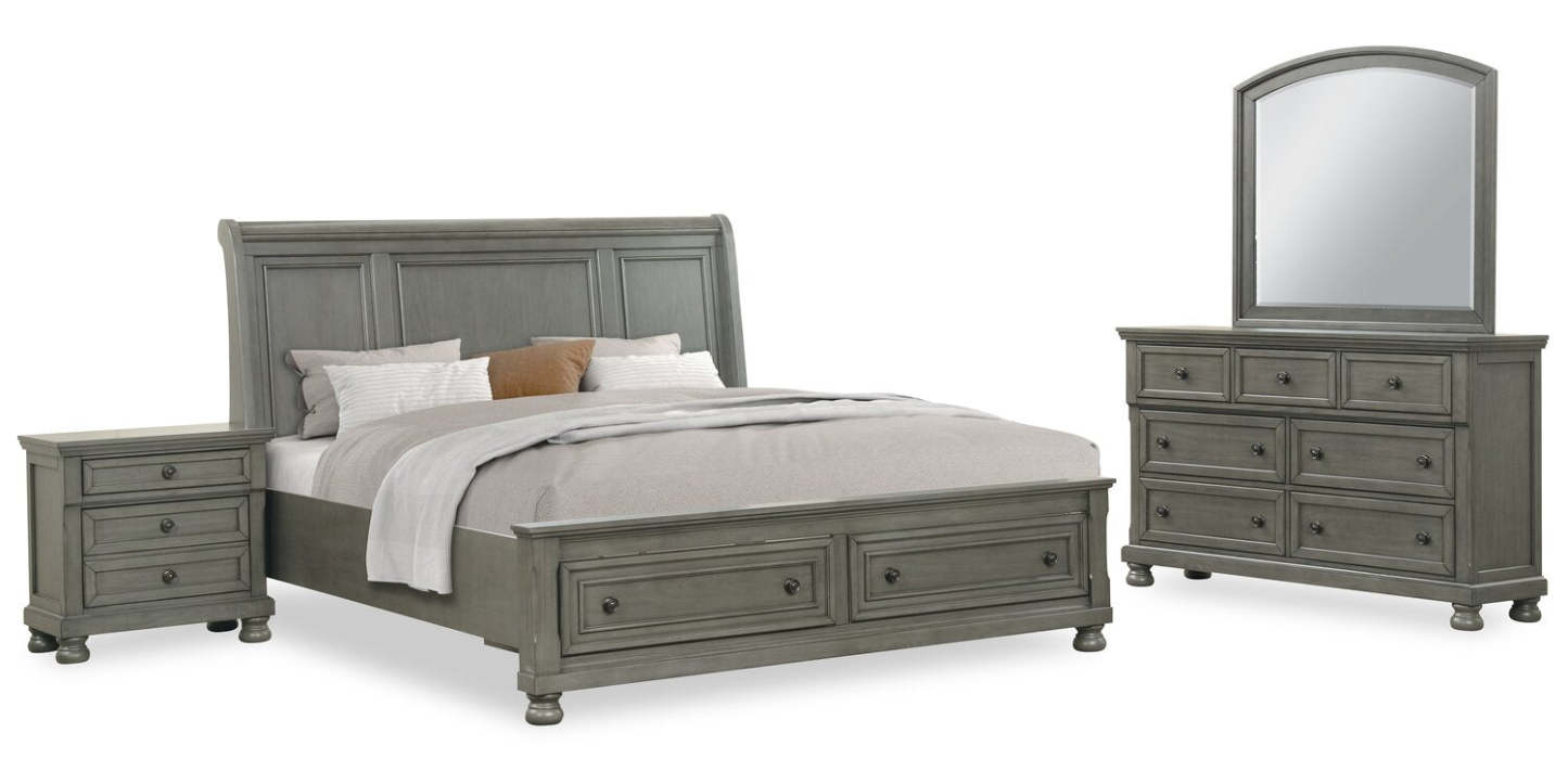Ensemble de chambre à coucher Chelsea 6 pièces avec lit rangement, commode et miroir, gris - King Size | Ensemble de chambre à coucher Chelsea 6 pièces avec lit de rangement, commode et miroir, gris - format très grand lit
