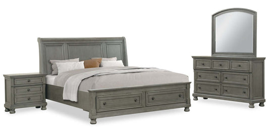 Ensemble de chambre à coucher Chelsea 6 pièces avec lit rangement, commode et miroir, gris - King Size | Ensemble de chambre à coucher Chelsea 6 pièces avec lit de rangement, commode et miroir, gris - format très grand lit
