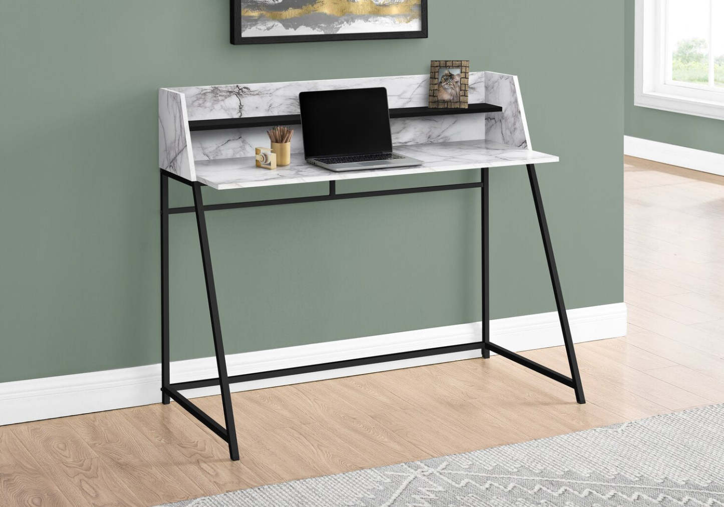 Bureau Lawson 47.25 avec petite niche - Aspect marbre blanc|Bureau Lawson de 47,25 po avec petite crédence - apparence marbre blanc