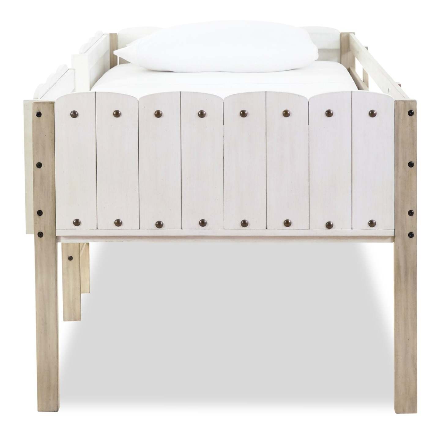 Lit mezzanine Ryan avec garde-corps et échelle pour enfants, blanc et naturel - format lit simple