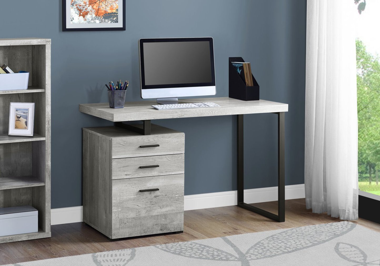 Bureau réversible Clayton 47.25 avec 3 tiroirs - Gris|Bureau réversible Clayton de 47,25 po à 3 tiroirs - gris