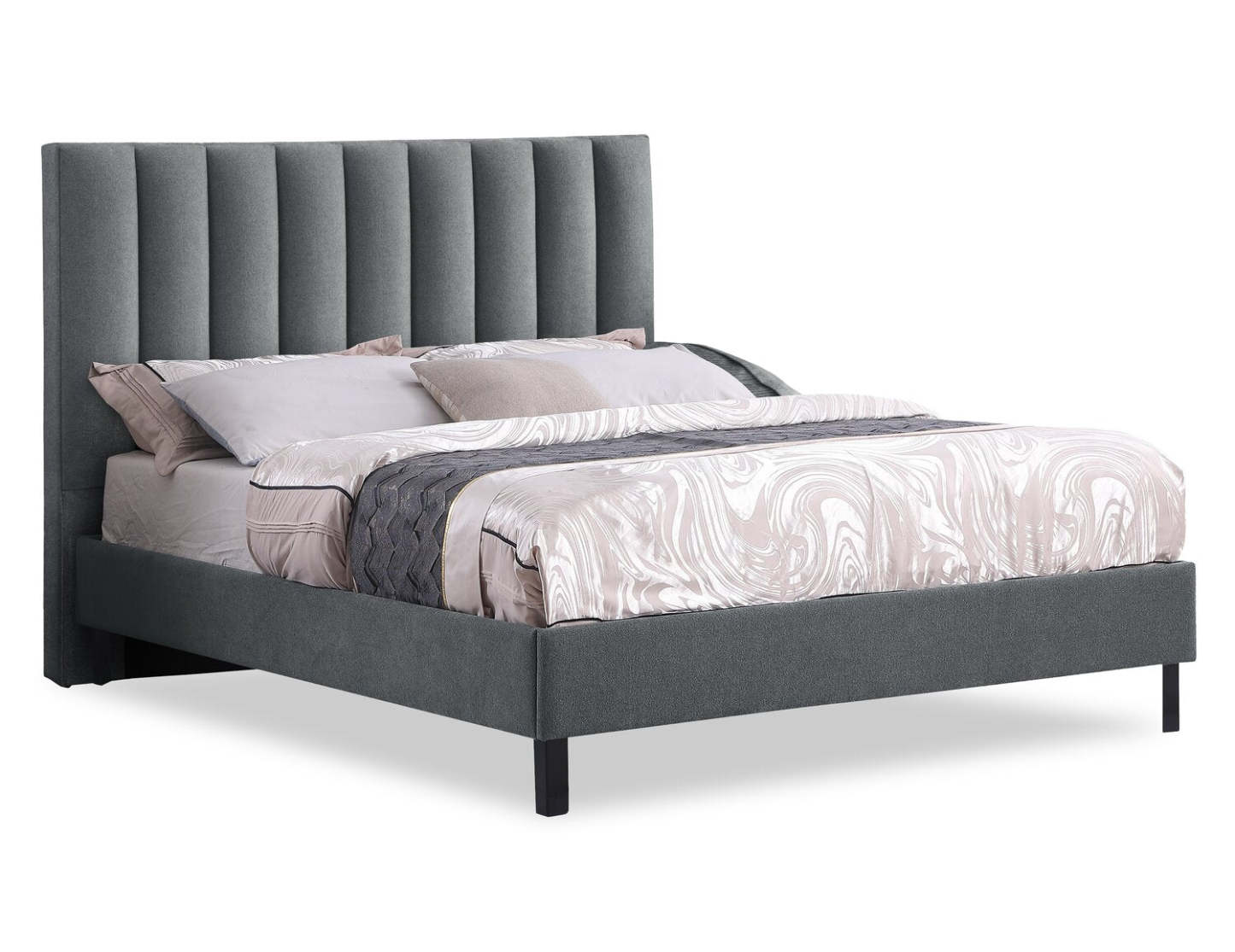 Lit plateforme rembourré Amos en tissu anthracite avec tête de lit canalisée - Grand lit | Lit plateforme Amos rembourré en tissu anthracite avec tête de lit à canaux - format grand lit
