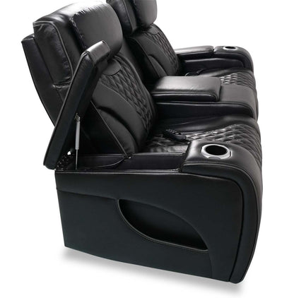 Elite 74 Genuine Leather Massage Power Reclining Loveseat with Power Headrests and Storage Arms - Black | Causeuse de massage à inclinaison électrique Elite de 74 po en cuir véritable avec appuie-têtes électriques et accoudoirs de rangement - noire