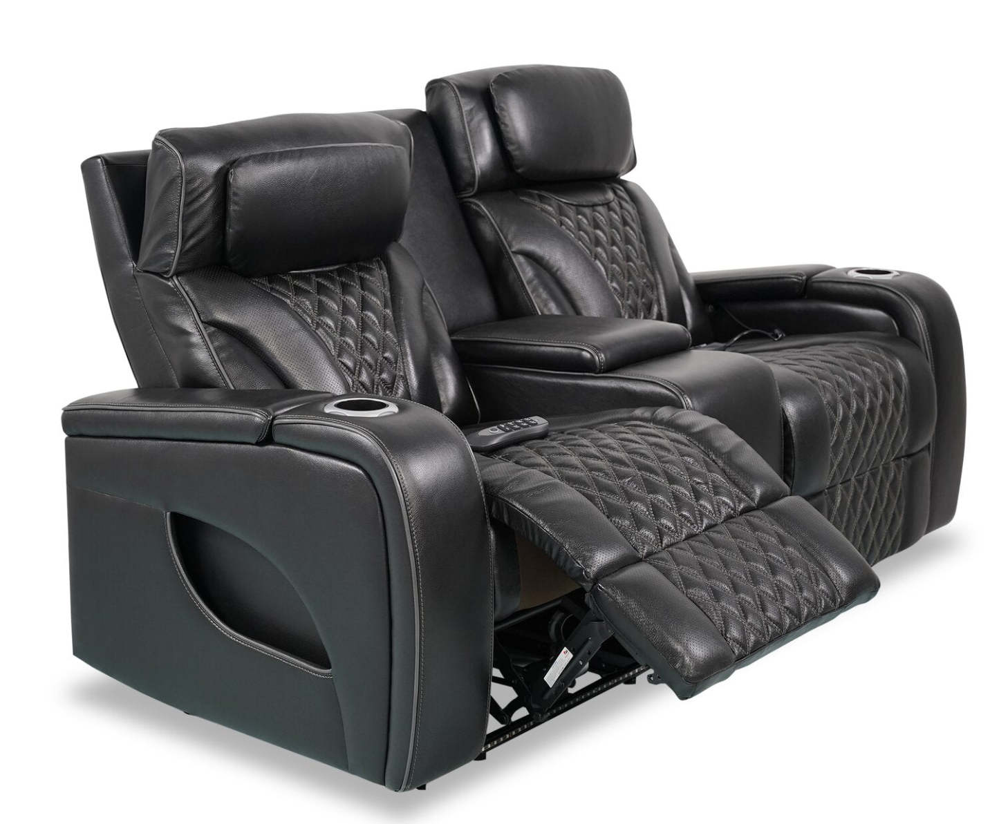 Elite 74 Genuine Leather Massage Power Reclining Loveseat with Power Headrests and Storage Arms - Black | Causeuse de massage à inclinaison électrique Elite de 74 po en cuir véritable avec appuie-têtes électriques et accoudoirs de rangement - noire