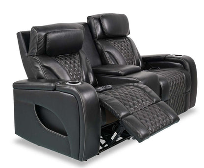Elite 74 Genuine Leather Massage Power Reclining Loveseat with Power Headrests and Storage Arms - Black | Causeuse de massage à inclinaison électrique Elite de 74 po en cuir véritable avec appuie-têtes électriques et accoudoirs de rangement - noire