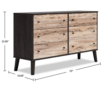Commode à 6 tiroirs Wolf Bedroom, 59 L x 33,9 H, Moderne Mid-Century - Bicolore Marron et Naturel | Commode moderne du milieu du 20e siècle Wolf de 59 po (L) x 33,9 po (H) à 6 tiroirs pour la chambre à coucher - deux teintes, brun et naturel