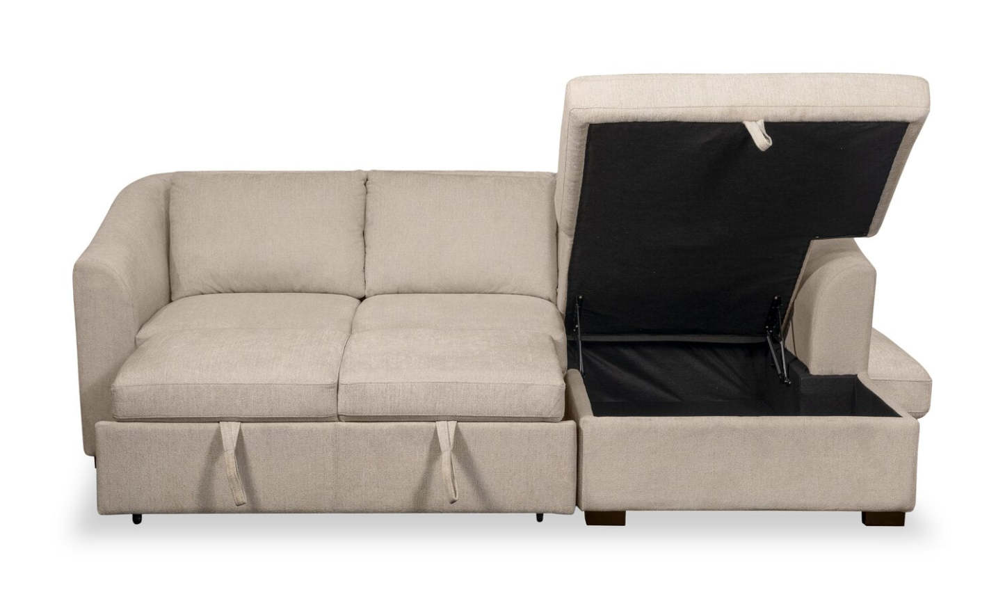 Canapé-lit sectionnel Envy 2 pièces orienté vers la droite en tissu chenille avec méridienne de rangement - Beige amande | Canapé-lit sectionnel de droite Envy 2 pièces en tissu chenille avec méridienne de rangement - beige amande