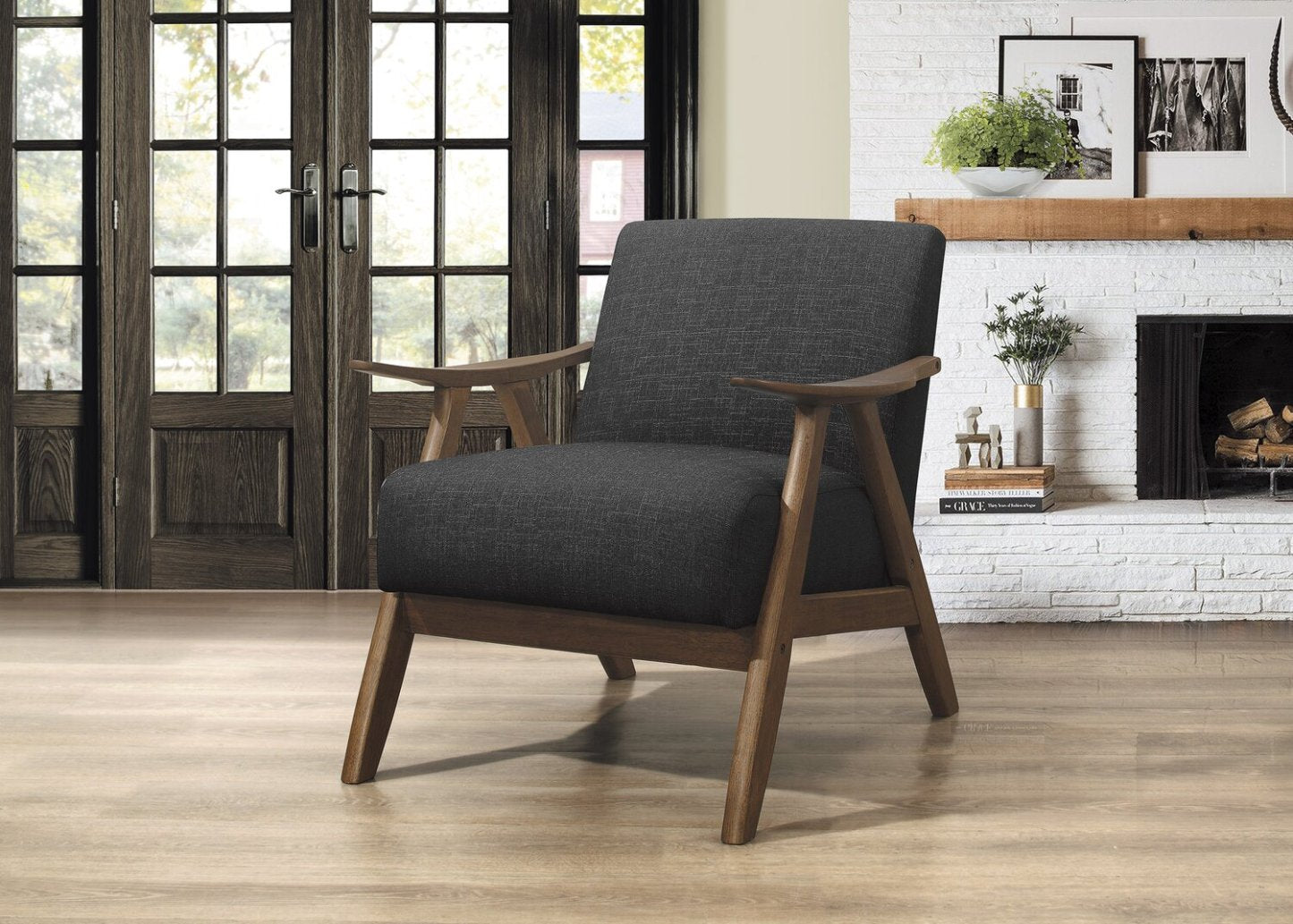 Fauteuil d'appoint Kyra 28,5 en tissu d'apparence lin avec accoudoirs courbés et structure en bois - Gris | Fauteuil d'appoint Kyra de 28,5 po en tissu d'apparence lin avec accoudoirs courbés et armature en bois - gris