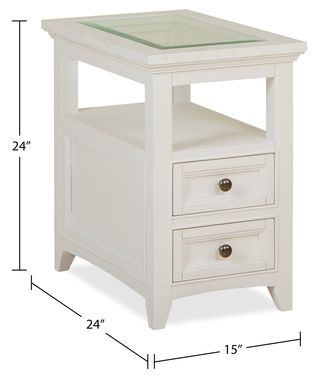 Table de bout traditionnelle Heron Cove de 15 po avec dessus en verre, rangement et tablette - pin blanc