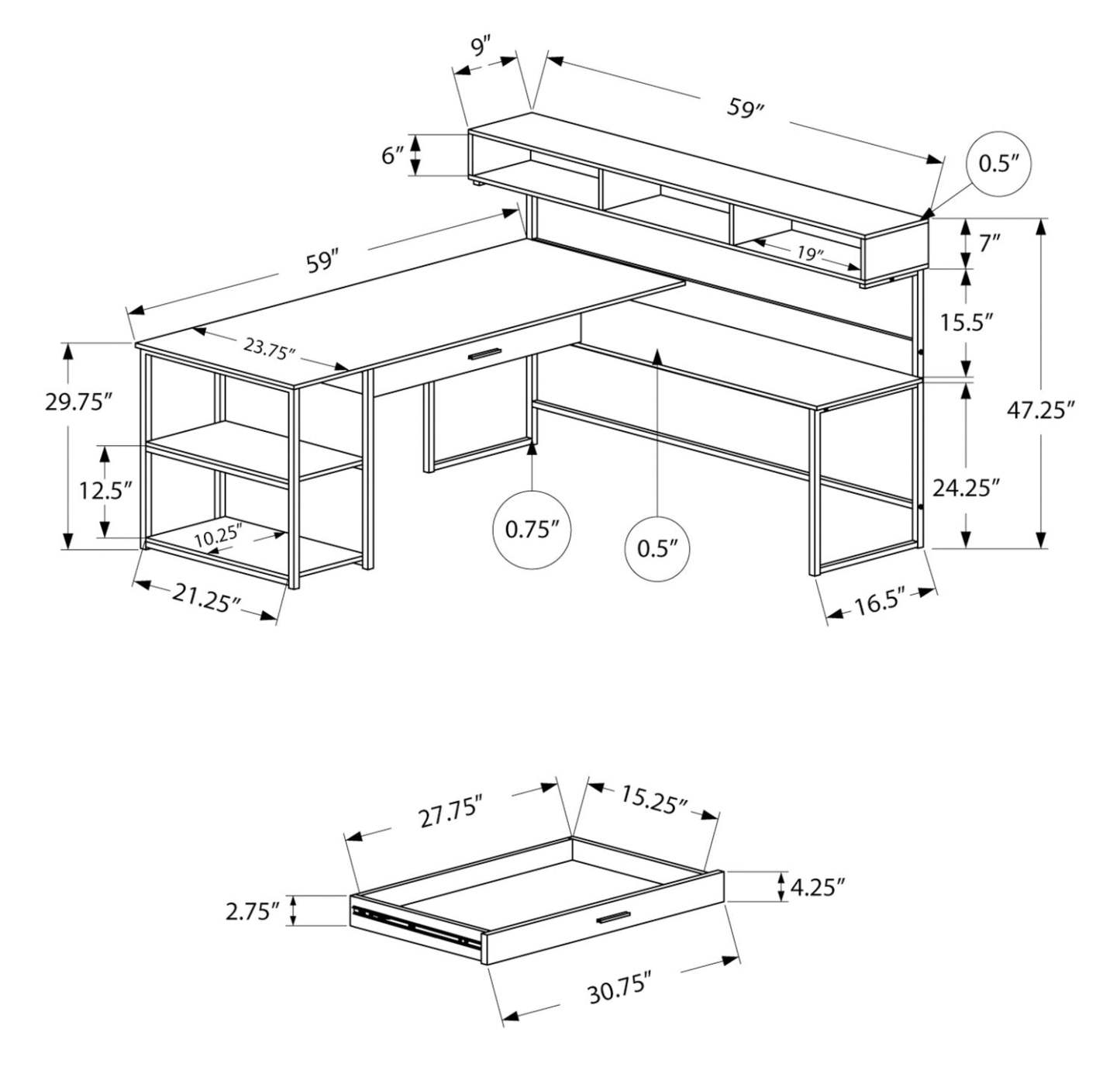Oaklee 59 Bureau d'angle en forme de L avec huche - Blanc|Bureau en coin en forme de L Oaklee de 59 po avec crédence - blanc