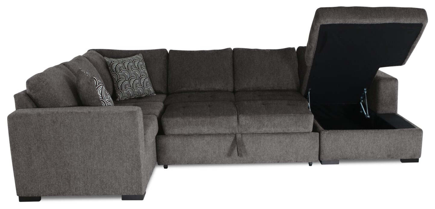 Made in Canada Legend 4-Piece Right-Facing Chenille Fabric Sleeper Sectional with Storage Chaise - Pewter Brown | Canapé-lit sectionnel de droite Legend 4 pièces fabriqué au Canada en tissu de chenille avec chaise longue de rangement - brun étain