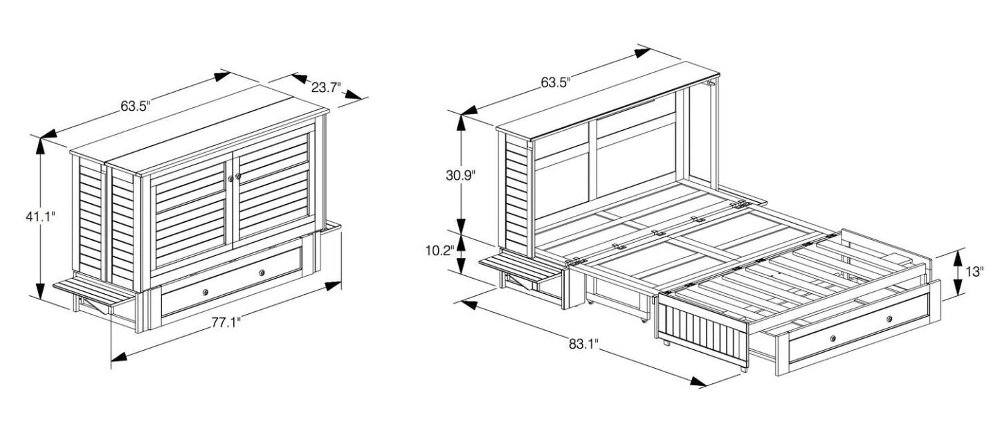 Armoire-lit Parker avec matelas en mousse à mémoire de forme, bois flotté brossé - Taille Queen