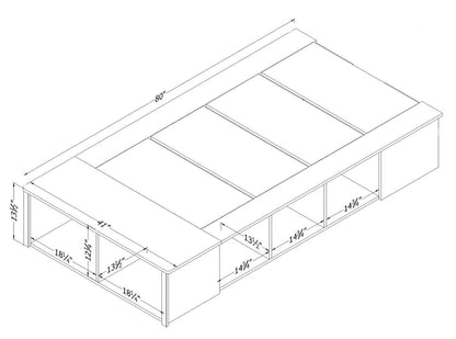 Lit plateforme Everley avec rangement et paniers intégrés, chêne patiné et noir mat - taille simple | Lit plateforme Everley avec rangement et paniers intégrés, chêne vieilli et noir mat - format lit simple