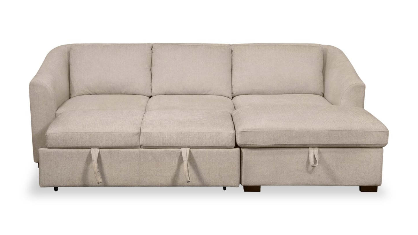 Canapé-lit sectionnel Envy 2 pièces orienté vers la droite en tissu chenille avec méridienne de rangement - Beige amande | Canapé-lit sectionnel de droite Envy 2 pièces en tissu chenille avec méridienne de rangement - beige amande