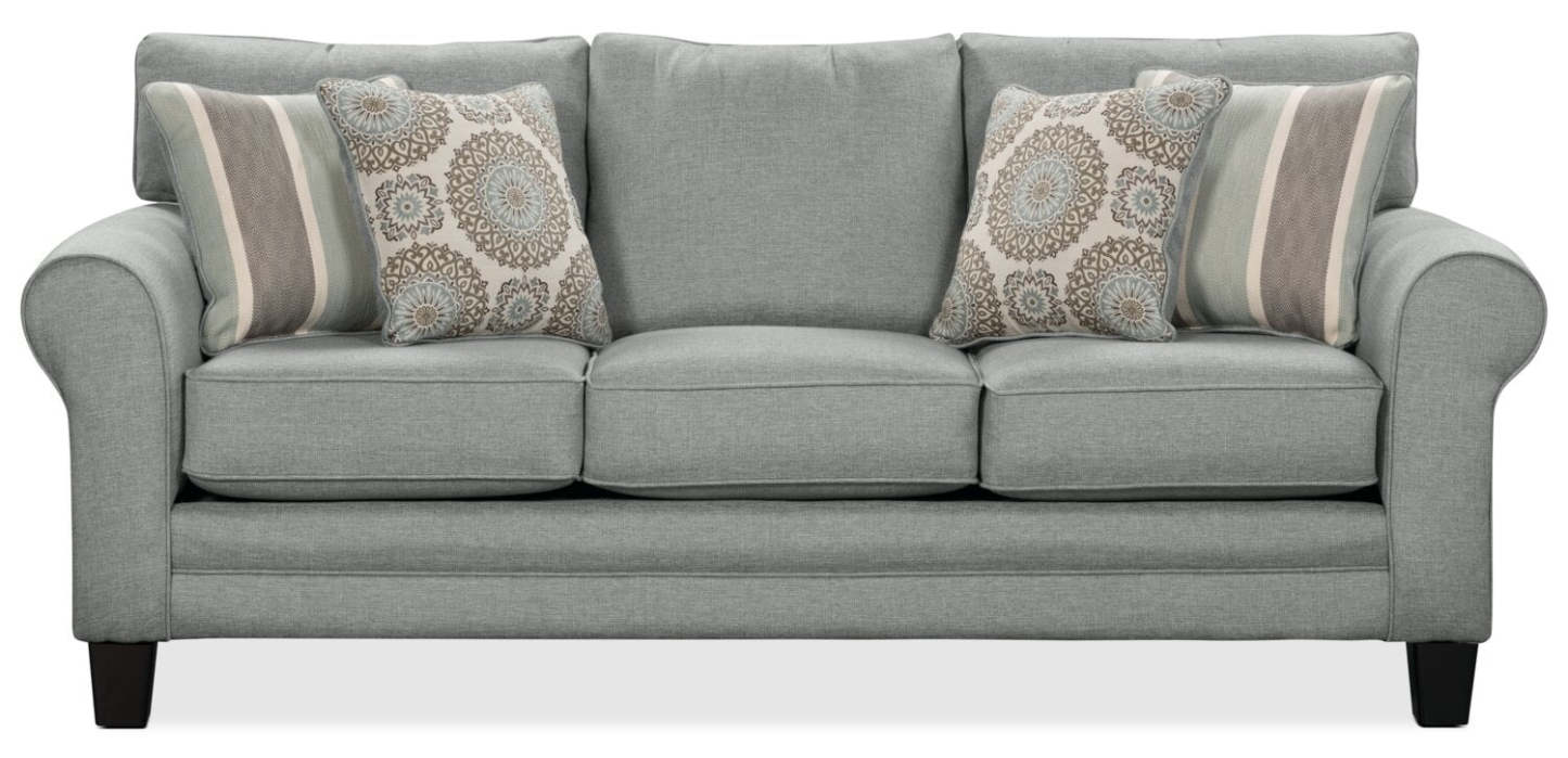 Sofa Tula de 88 po fabriqué au Canada en tissu avec accoudoirs enroulés et coussins décoratifs - gris brume