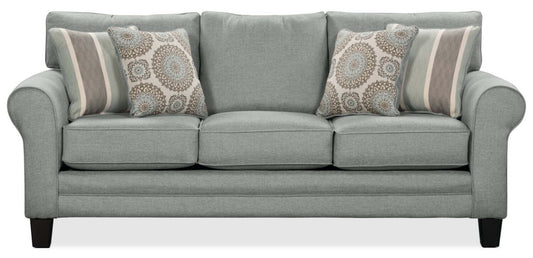 Sofa Tula de 88 po fabriqué au Canada en tissu avec accoudoirs enroulés et coussins décoratifs - gris brume