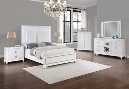 Ensemble de chambre à coucher Ava 5 pièces avec lit, commode et miroir, LED, Glam, blanc - Queen Size | Ensemble de chambre à coucher Ava 5 pièces somptueux avec lit, commode, miroir et éclairage à DEL, b…