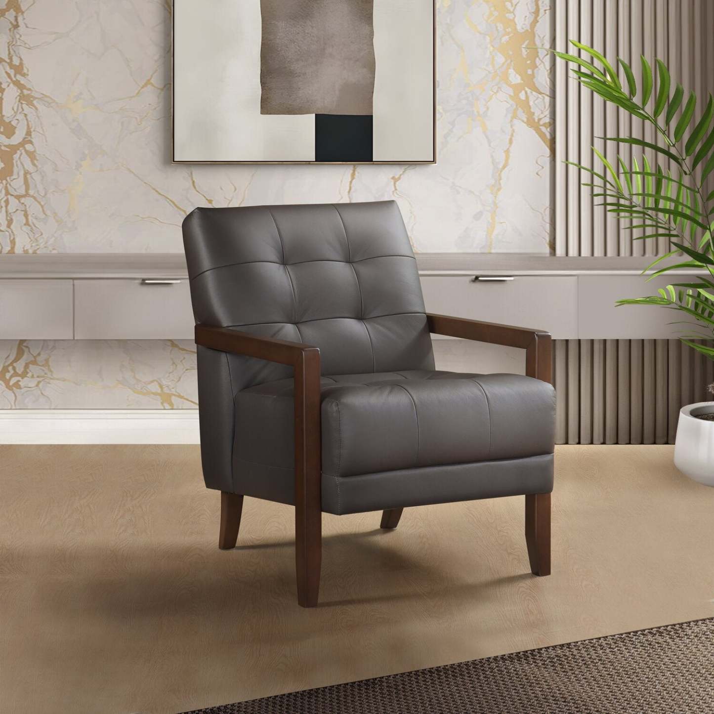 Enzo 26 Genuine Leather Accent Chair with Biscuit Tufting, Track Arms and Wood Legs - Dark Brown | Fauteuil d’appoint Enzo de 26 po en cuir véritable avec capitonnage en biscuit, accoudoirs rectilignes et pattes en bois - brun foncé