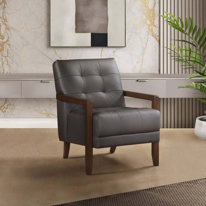 Enzo 26 Genuine Leather Accent Chair with Biscuit Tufting, Track Arms and Wood Legs - Dark Brown | Fauteuil d’appoint Enzo de 26 po en cuir véritable avec capitonnage en biscuit, accoudoirs rectilignes et pattes en bois - brun foncé