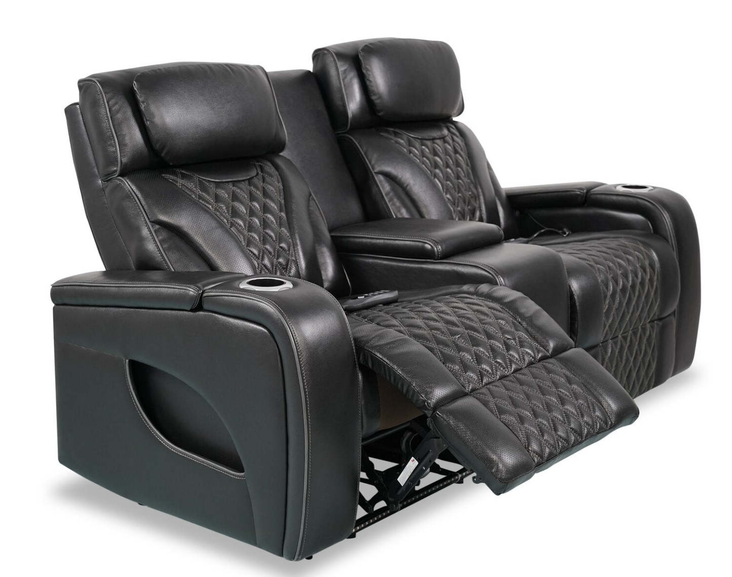 Elite 74 Genuine Leather Massage Power Reclining Loveseat with Power Headrests and Storage Arms - Black | Causeuse de massage à inclinaison électrique Elite de 74 po en cuir véritable avec appuie-têtes électriques et accoudoirs de rangement - noire