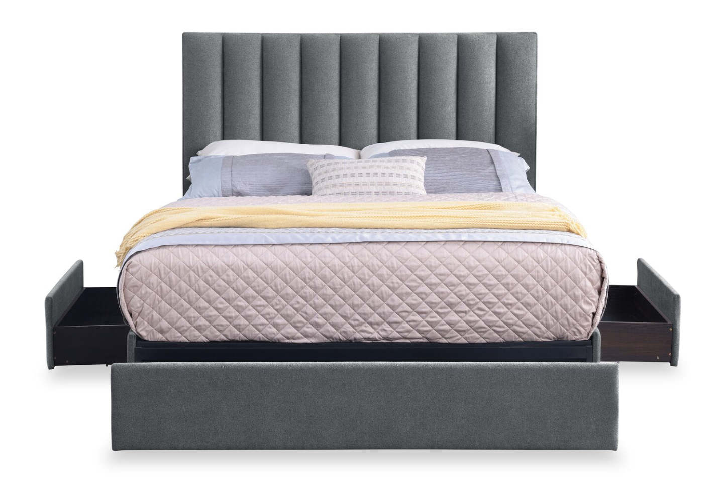 Lit de rangement Amos rembourré en tissu anthracite avec tête de lit à canaux et 3 tiroirs intégrés - format grand lit