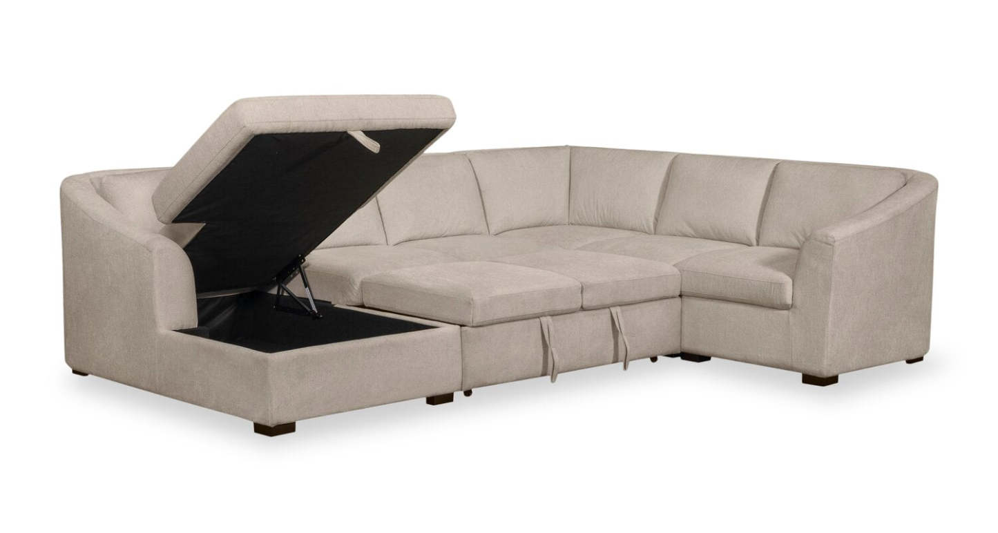 Envy 5-Piece Left-Facing Chenille Fabric Sleeper Sectional with Storage Chaise - Almond Beige | Canapé-lit sectionnel gauche Envy 5 pièces en tissu de chenille avec chaise longue de rangement - beige amande