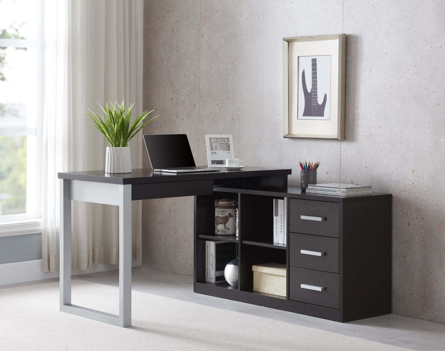 Bureau d'angle réversible Owen 55 avec 4 tiroirs et compartiments - Espresso|Bureau en coin réversible Owen de 55 po à 4 tiroirs et compartiments - espresso
