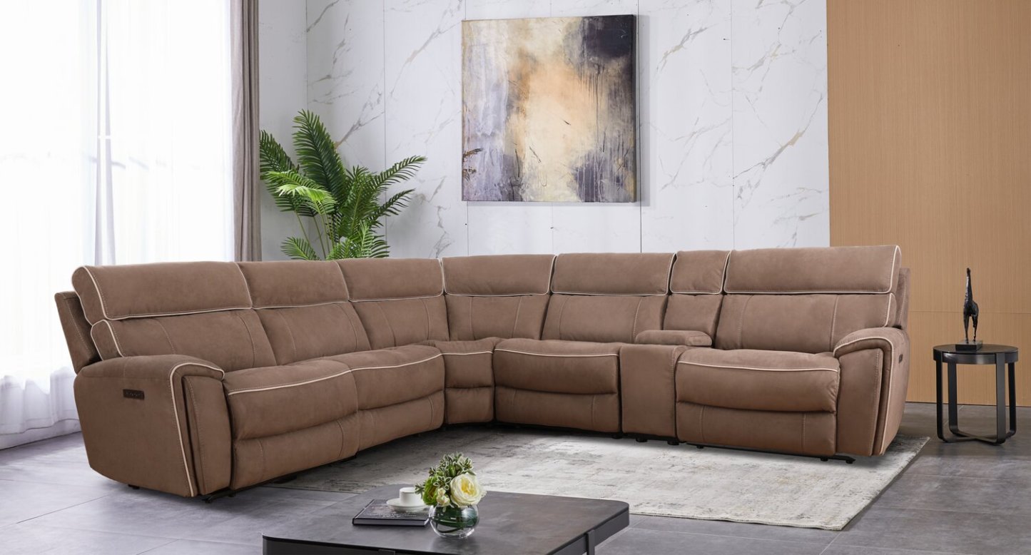 Cindy Crawford Home Newport 6-Piece Faux Suede Power Reclining Sectional with Armless Reclining Chair - Taupe | Canapé sectionnel à inclinaison électrique Newport de Cindy Crawford Home 6 pièces en suédine avec fauteuil inclinable sans accoudoirs - taupe