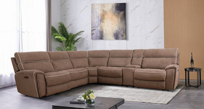 Cindy Crawford Home Newport 6-Piece Faux Suede Power Reclining Sectional with Armless Reclining Chair - Taupe | Canapé sectionnel à inclinaison électrique Newport de Cindy Crawford Home 6 pièces en suédine avec fauteuil inclinable sans accoudoirs - taupe